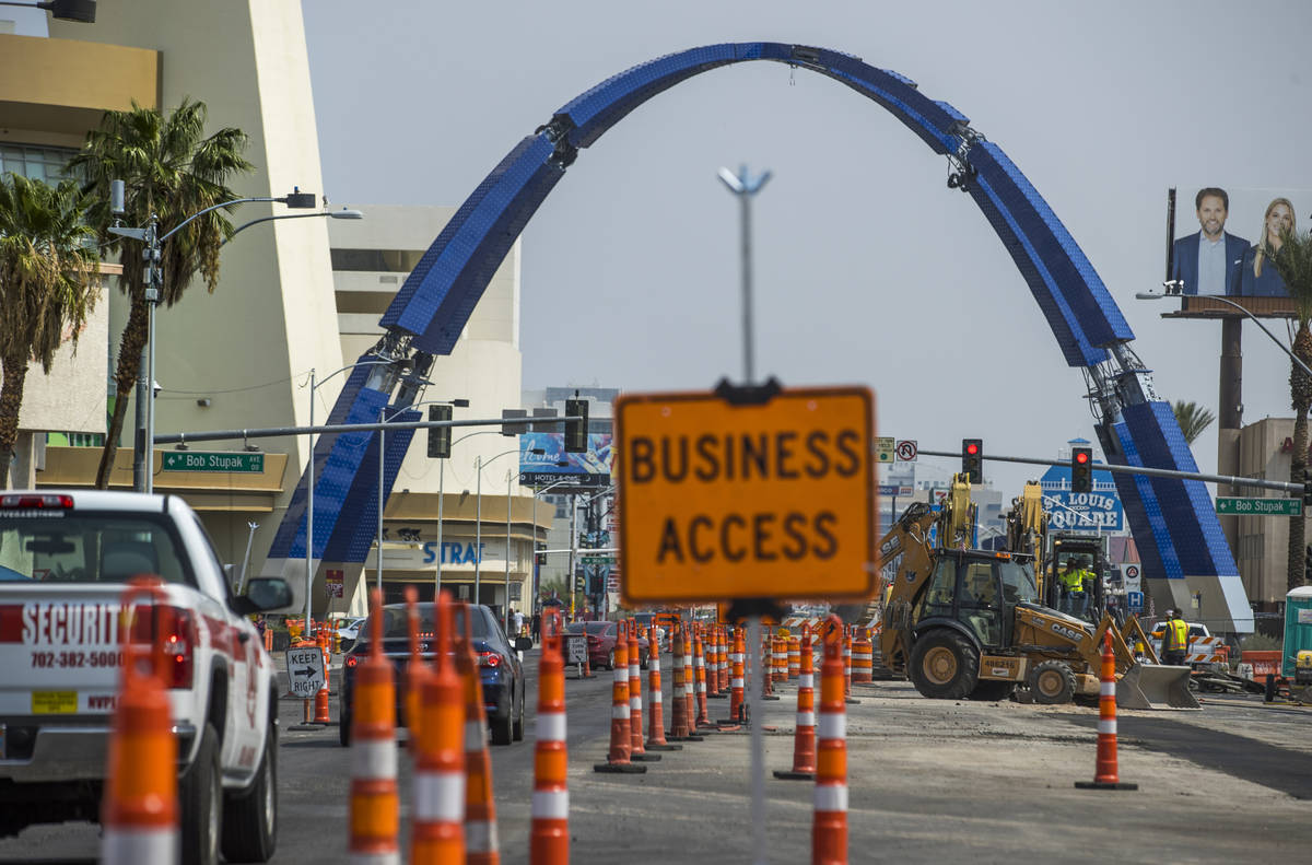 Construction continues of the 80-foot-tall gateway arch over the in-transition Las Vegas Boulev ...