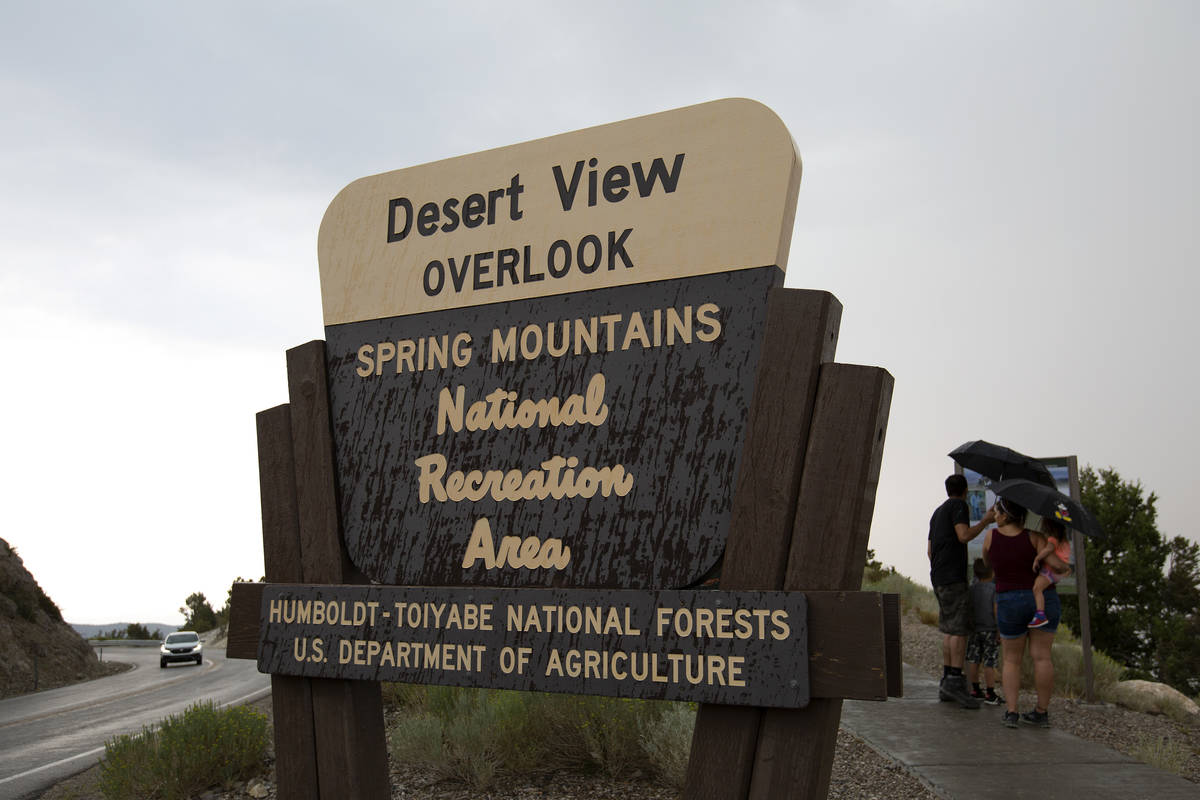 Rain begins to pour at Desert View Overlook on Saturday, Aug. 22, 2020, at Spring Mountains Nat ...