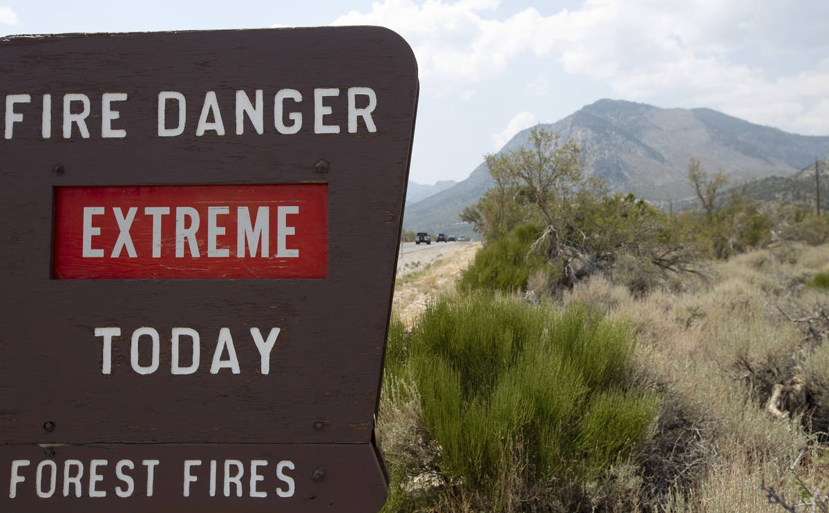 A sign classifies fire danger to be extreme at Spring Mountains National Recreation Area on Sat ...