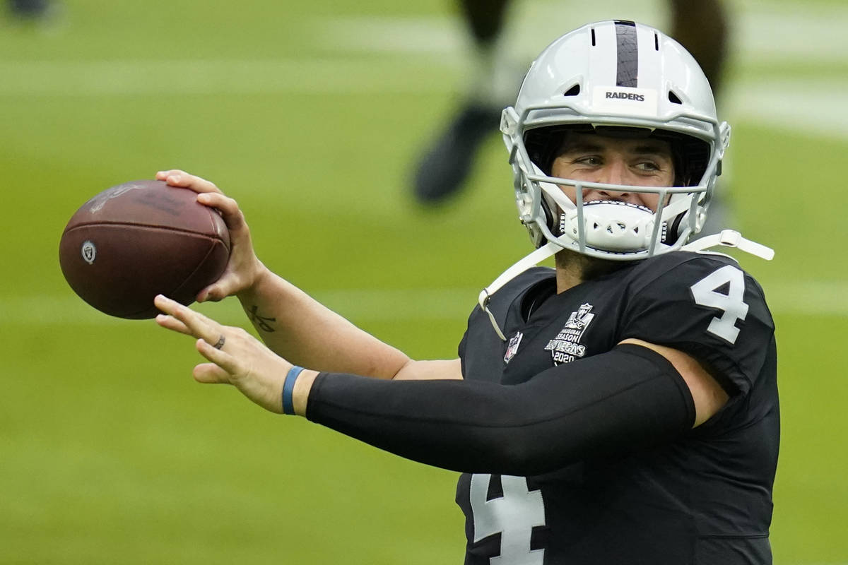 Las Vegas Raiders quarterback Derek Carr (4) prepares to pass during an NFL football training c ...