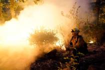 Firefighter Jeremy Damon of the Nevada Yuba Placer Fire Dept. monitors a controlled burn in the ...