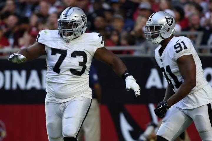 Oakland Raiders defensive tackle Maurice Hurst (73) celebrates his sack of Arizona Cardinals qu ...