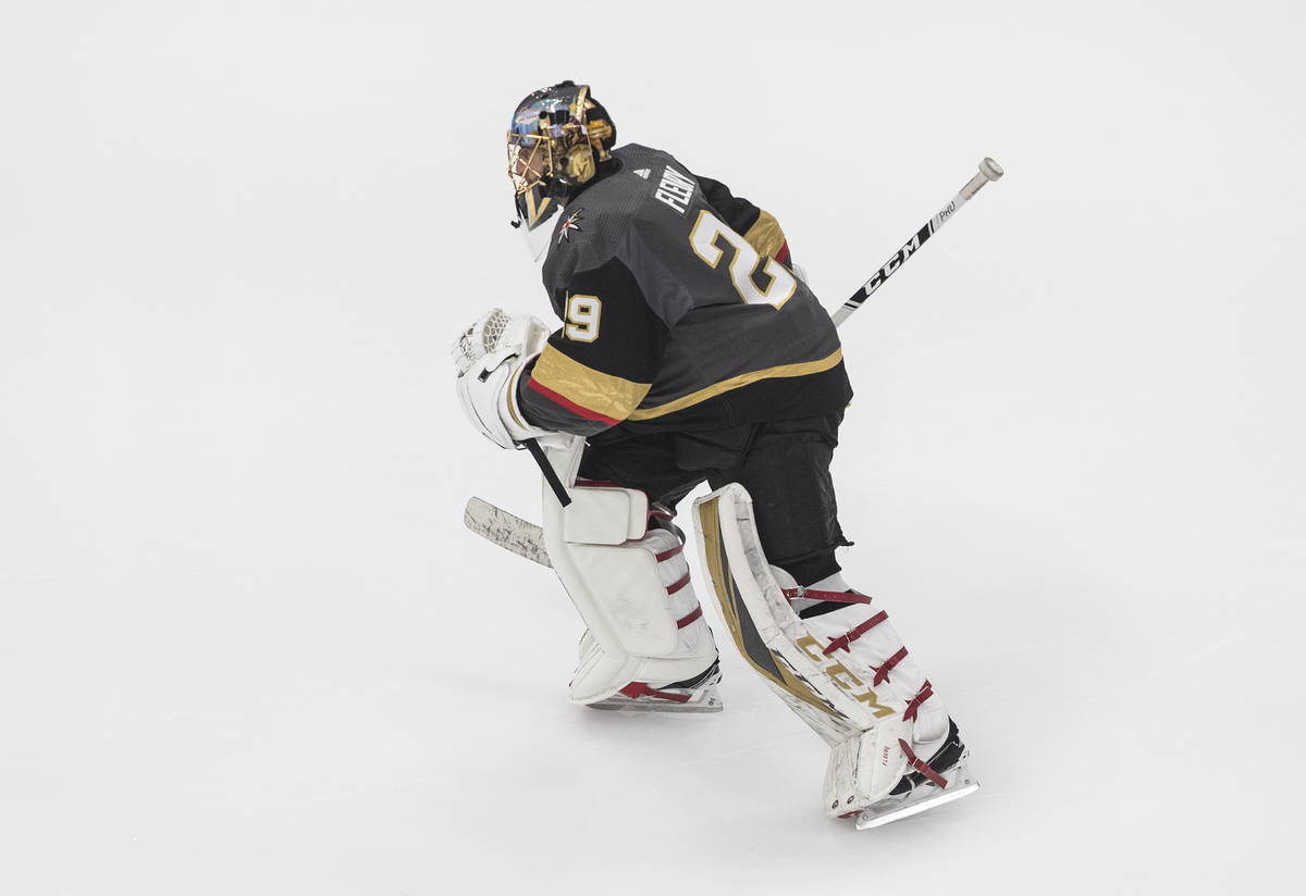 Vegas Golden Knights goalie Marc-Andre Fleury (29) hits the ice for warm-up before NHL Western ...