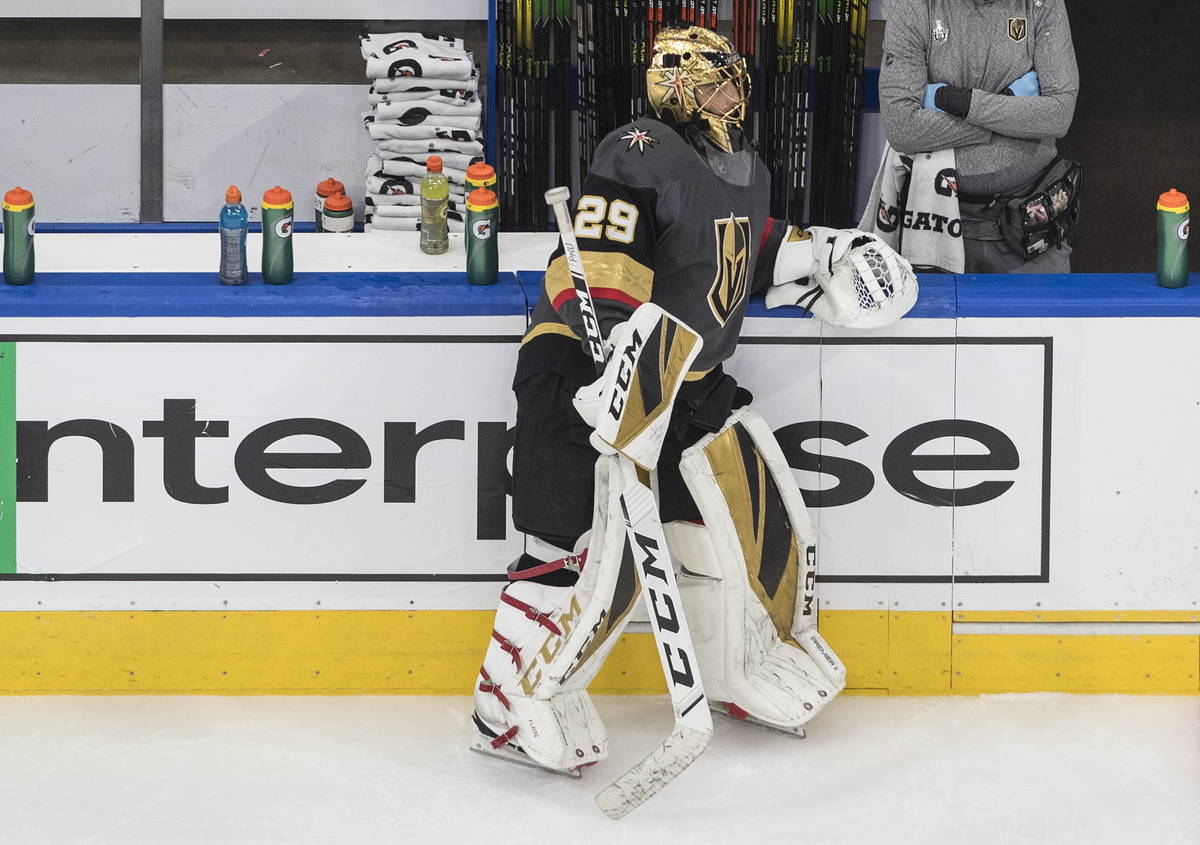 Vegas Golden Knights goalie Marc-Andre Fleury (29) waits to go in the net for warm-up before NH ...