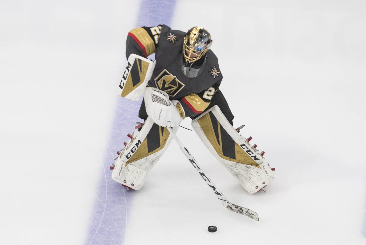 Vegas Golden Knights goalie Marc-Andre Fleury (29) warms up before NHL Western Conference Stanl ...
