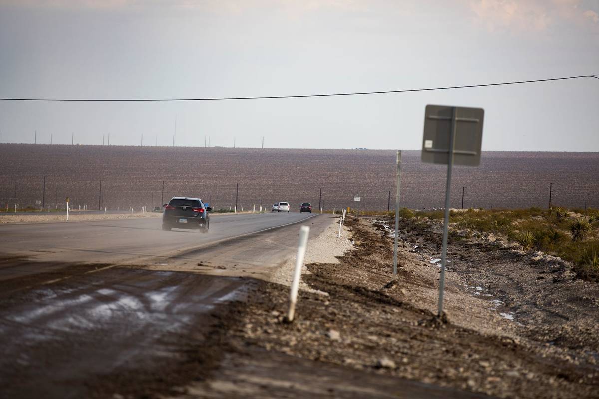 A portion of southbound U.S. 95 is washed out from the rain in Las Vegas, Sunday, Aug. 23, 2020 ...