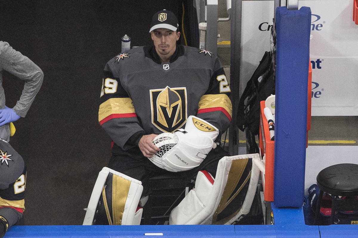 Vegas Golden Knights goalie Marc-Andre Fleury sits on the bench during the first period in Game ...