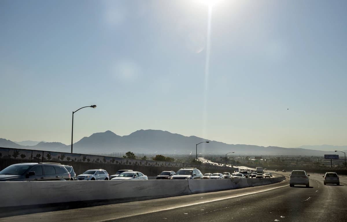 Traffic is seen on U.S. 95 northbound near Charleston Blvd., due to a multi-car crash, Monday m ...