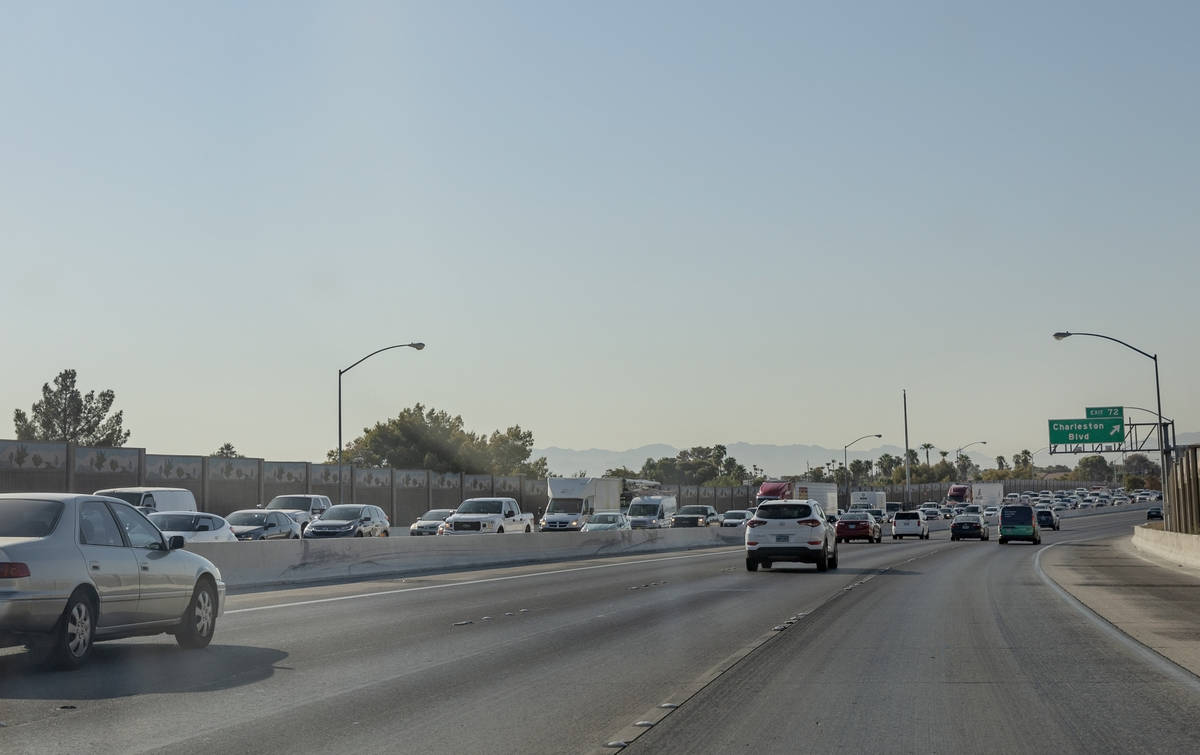 Traffic is seen on U.S. 95 northbound near Charleston Blvd., due to a multi-car crash, Monday m ...