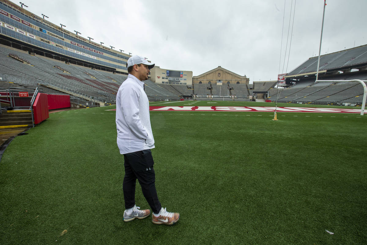 Las Vegas Raiders fullback Alec Ingold looks across the football field at Camp Randall Stadium ...