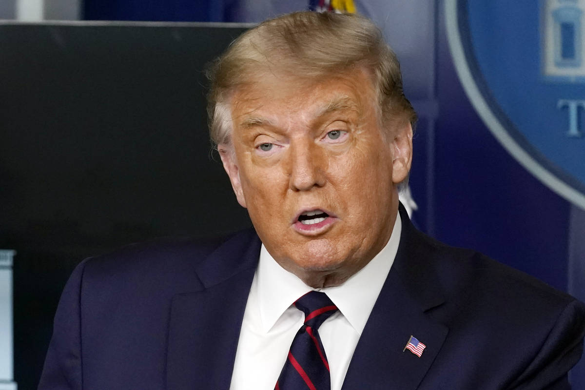 President Donald Trump speaks during a media briefing in the James Brady Briefing Room of the W ...