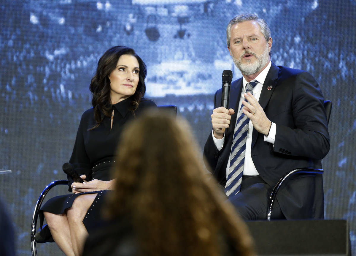 This Wednesday Nov. 28, 2018 file photo shows Rev. Jerry Falwell Jr., right, and his wife, Beck ...