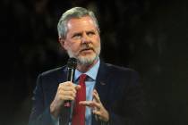 FILE - In this, Nov. 13 2019, file photo, Liberty University President Jerry Falwell Jr. talks ...