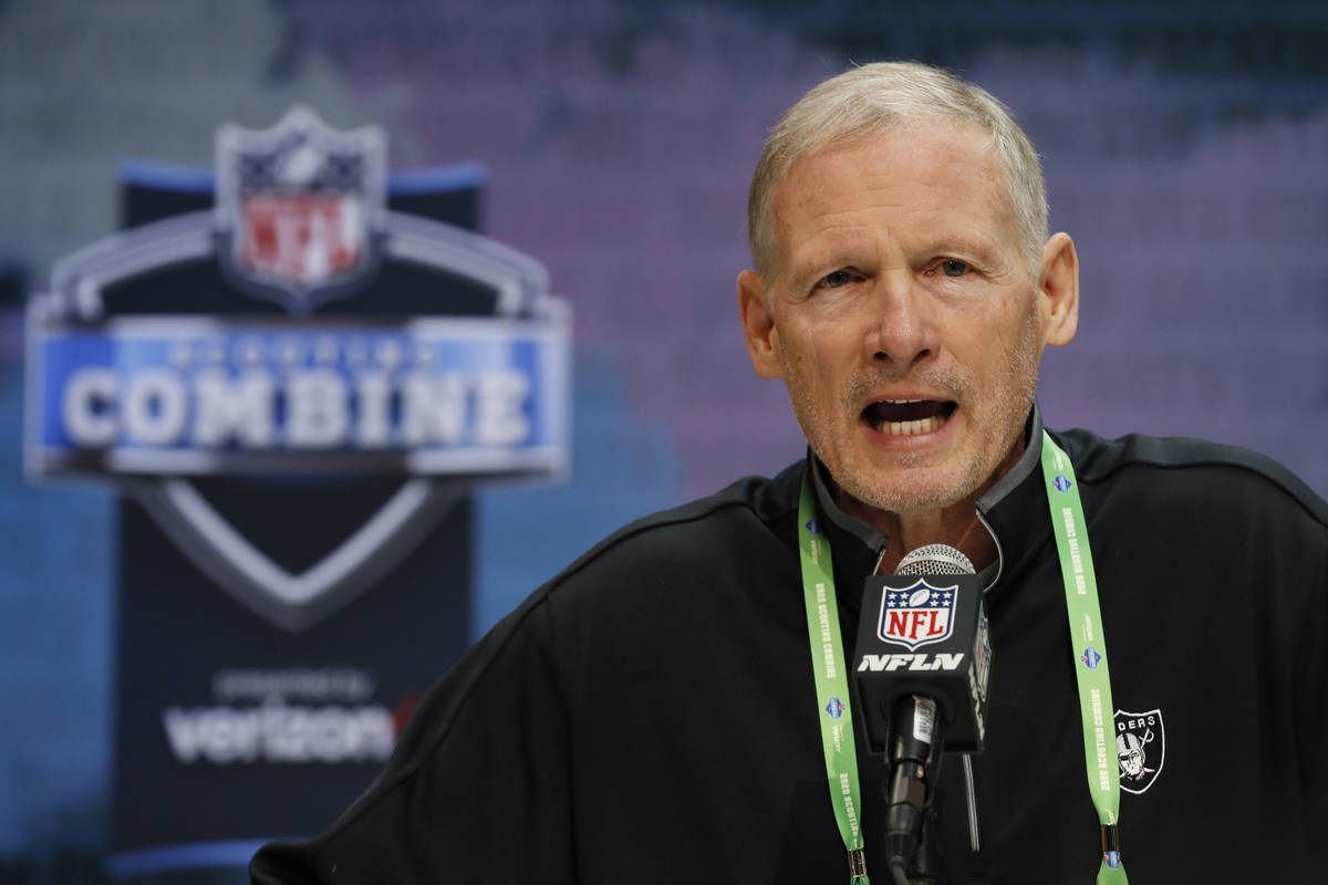 In this Feb. 25, 2020, file photo, Las Vegas Raiders general manager Mike Mayock speaks during ...