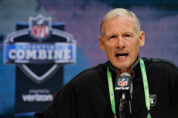 In this Feb. 25, 2020, file photo, Las Vegas Raiders general manager Mike Mayock speaks during ...