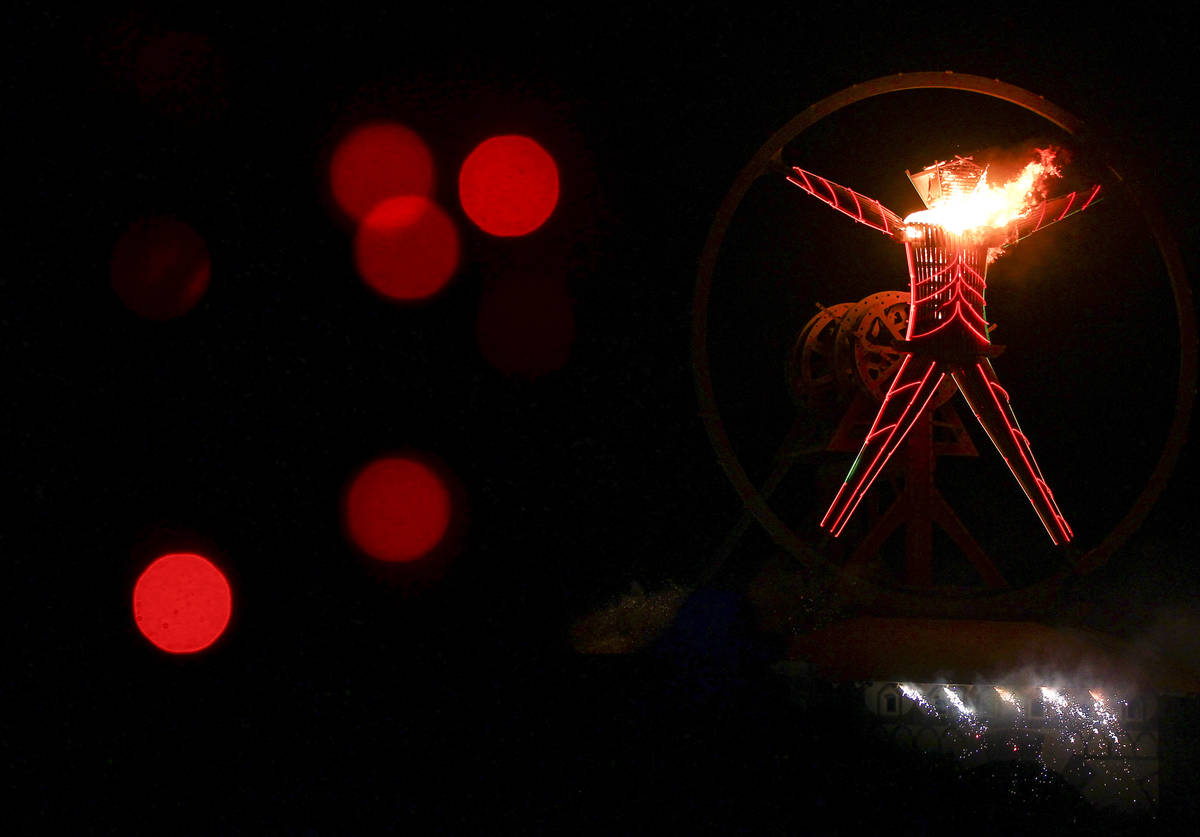 The Man burns during Burning Man at the Black Rock Desert north of Reno, Sept. 3, 2016. (Chase ...