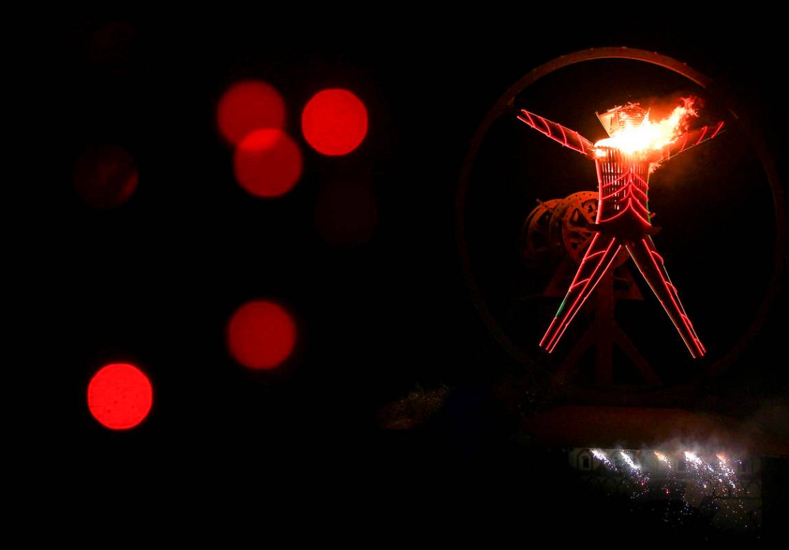 The Man burns during Burning Man at the Black Rock Desert north of Reno, Sept. 3, 2016. (Chase ...