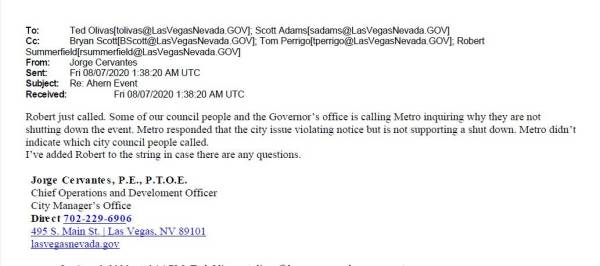 A Las Vegas official emails colleagues that "the Governor's office is calling Metro inquiring w ...