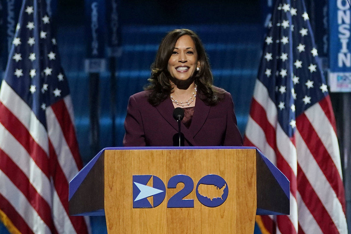 Democratic Vice Presidential candidate Sen. Kamala Harris, D-Calif., speaks during the third da ...