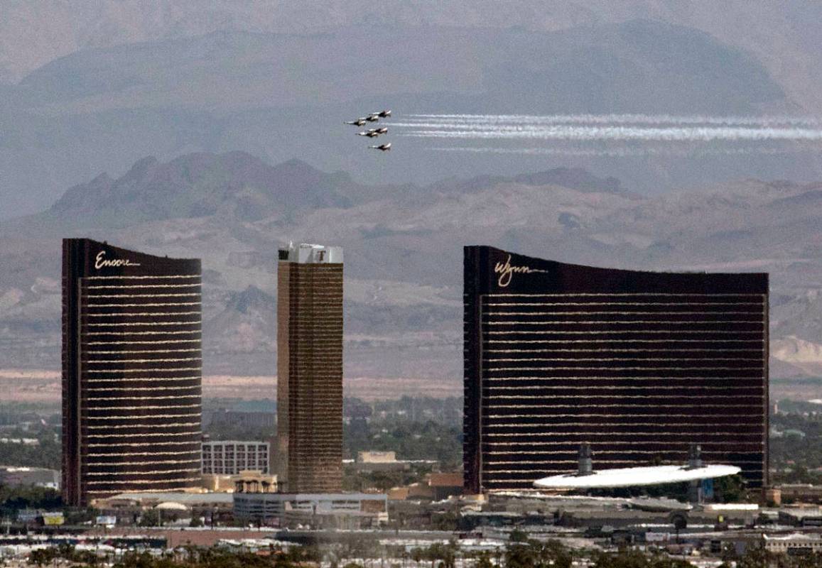 The U.S. Air Force Air Demonstration Squadron "Thunderbirds" do a flyover the Strip a ...