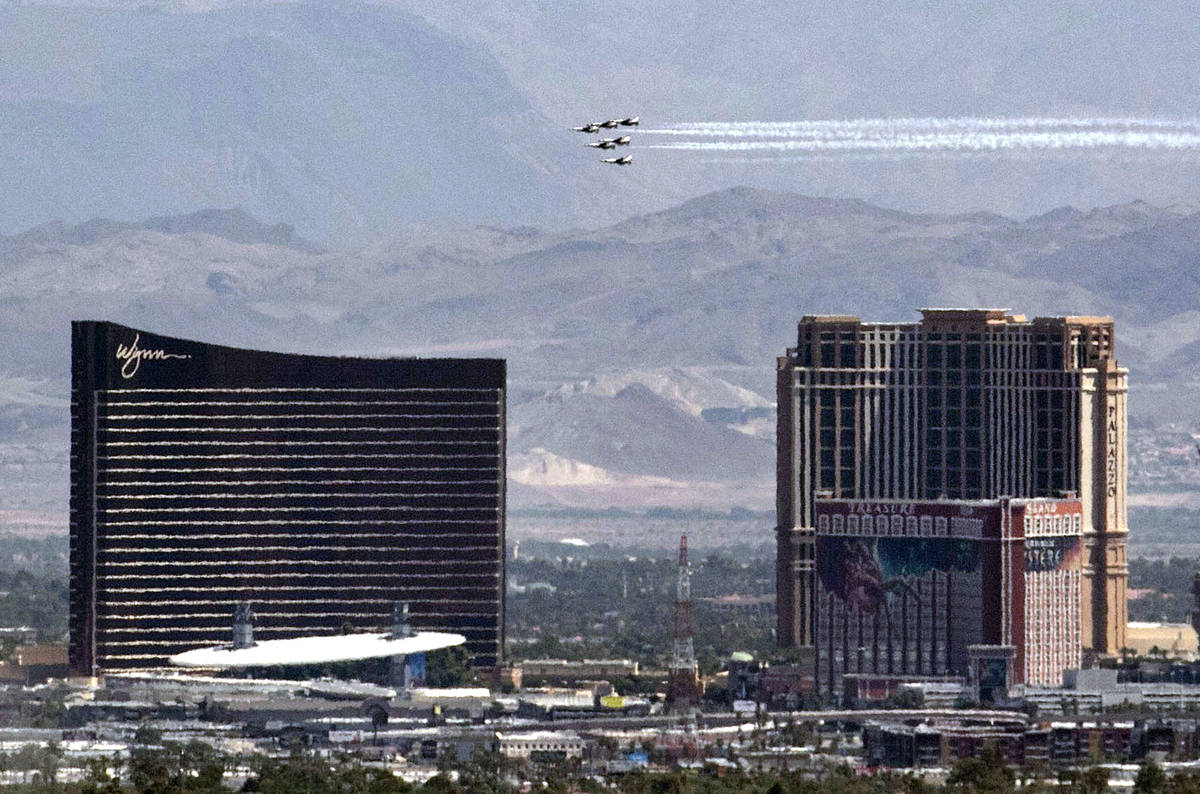 The U.S. Air Force Air Demonstration Squadron "Thunderbirds" do a flyover the Strip a ...