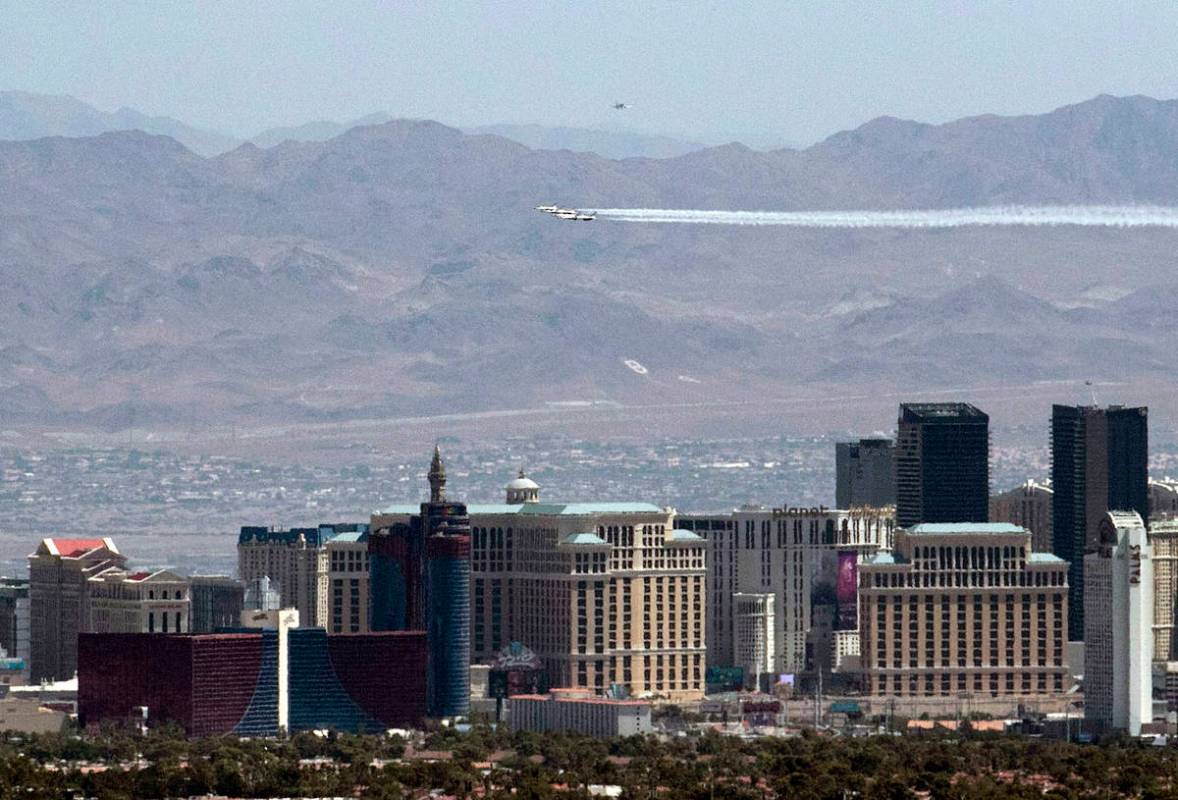 The U.S. Air Force Air Demonstration Squadron "Thunderbirds" do a flyover the Strip a ...