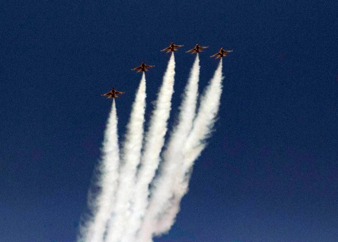 The U.S. Air Force Air Demonstration Squadron "Thunderbirds" do a flyover Red Rock Ca ...