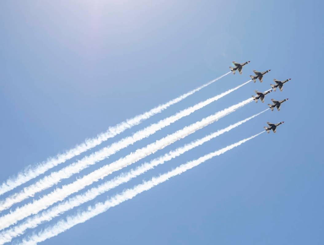 The U.S. Air Force Thunderbirds fly over the Las Vegas Valley on Monday afternoon, Aug. 31, 202 ...