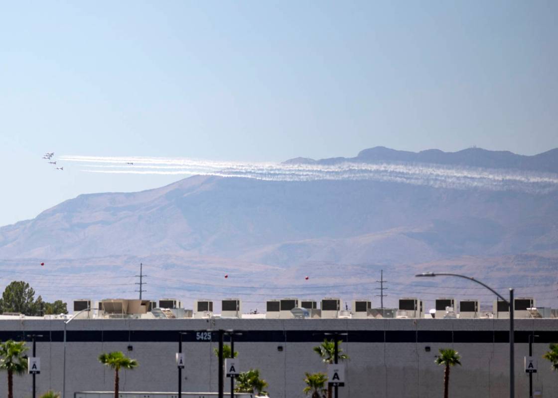 The U.S. Air Force Thunderbirds fly over the Las Vegas Valley on Monday afternoon, Aug. 31, 202 ...