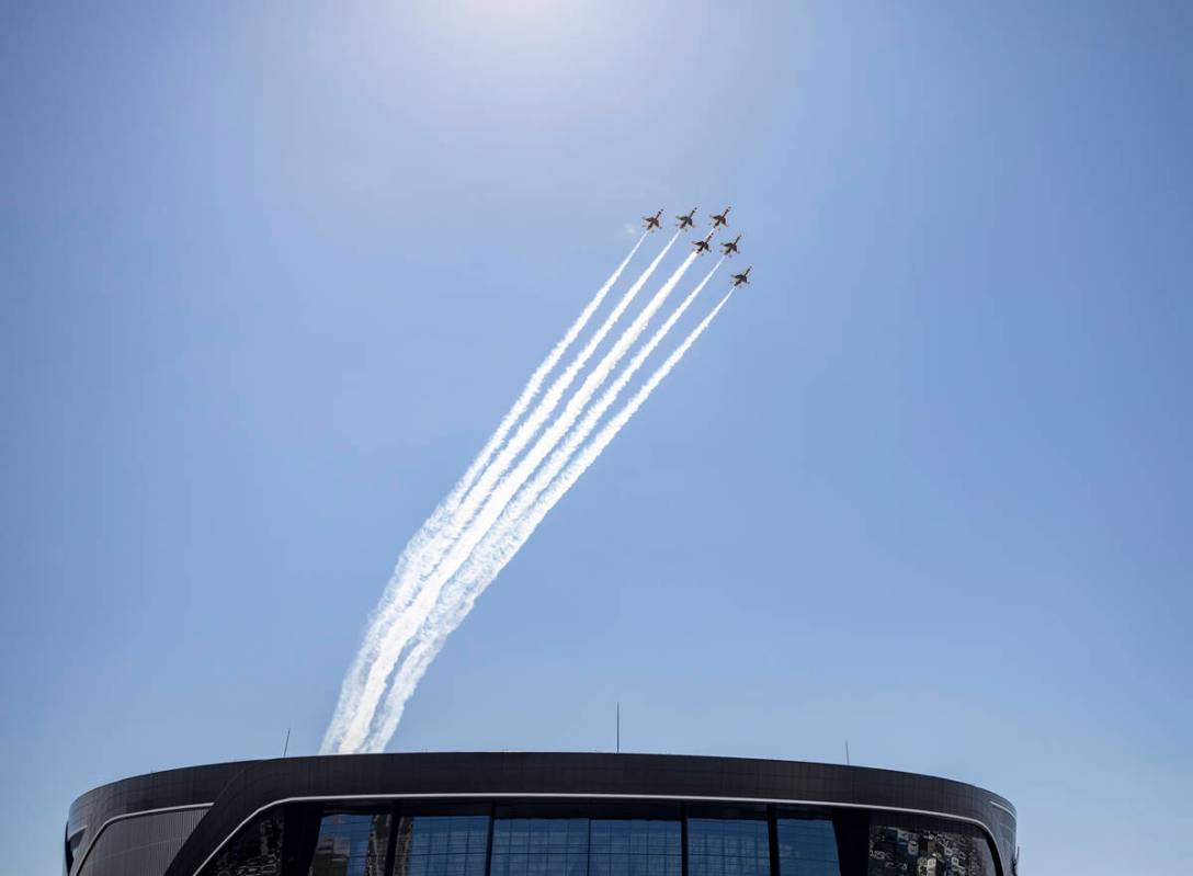 The U.S. Air Force Thunderbirds fly over the Allegiant Stadium on Monday afternoon, Aug. 31, 20 ...