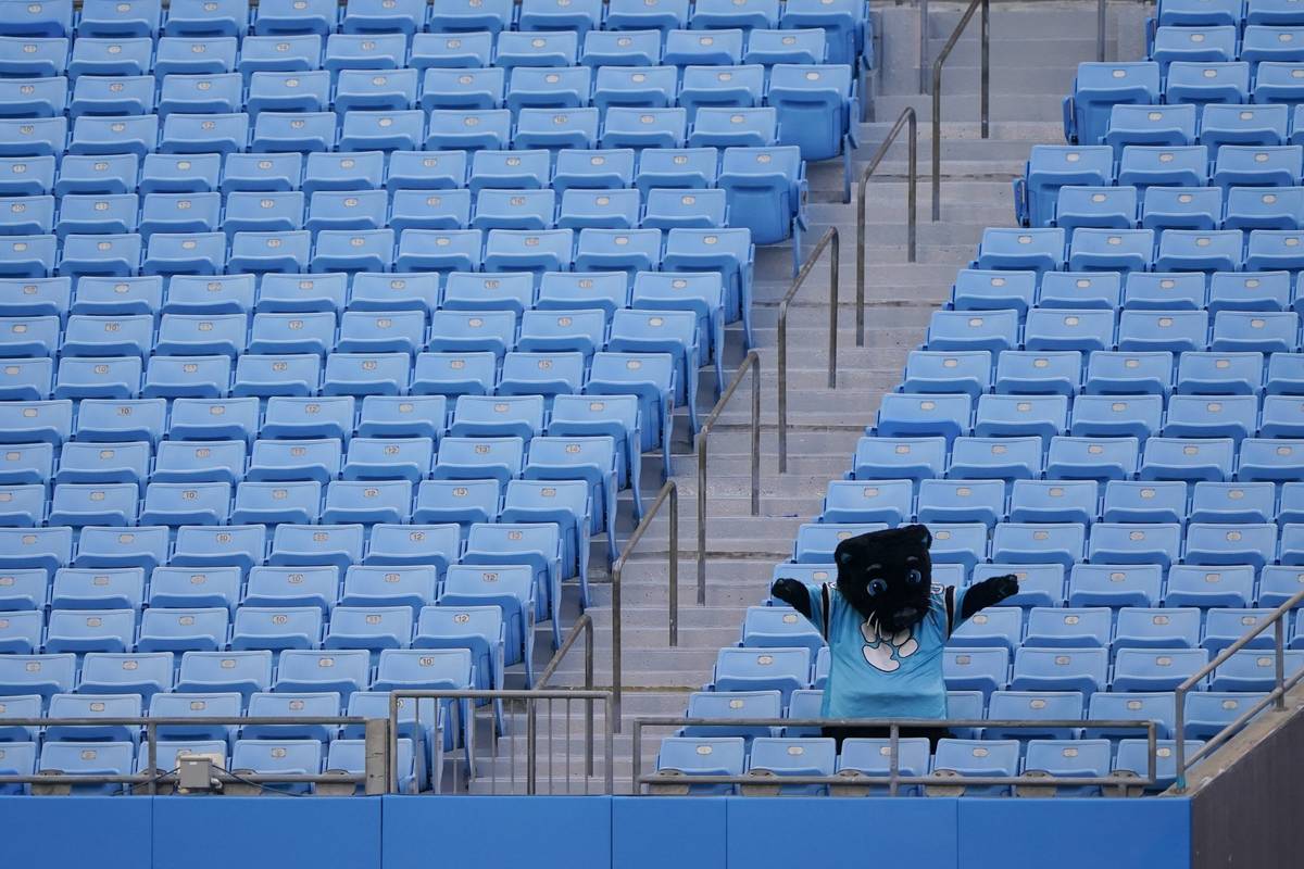 The Carolina Panthers mascot cheers to an empty stadium during an NFL football camp practice We ...