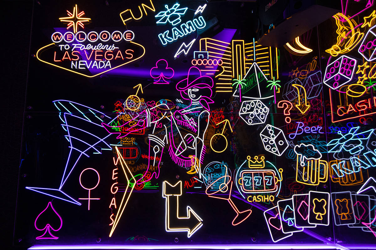 A room filled with neon signs at Kamu Karaoke at the Grand Canal Shoppes at The Venetian in Las ...