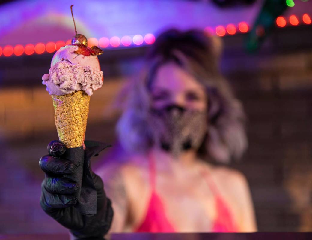 Founder and head creamstress Valerie Stunning holds an ice cream cone called “Baby Strip ...