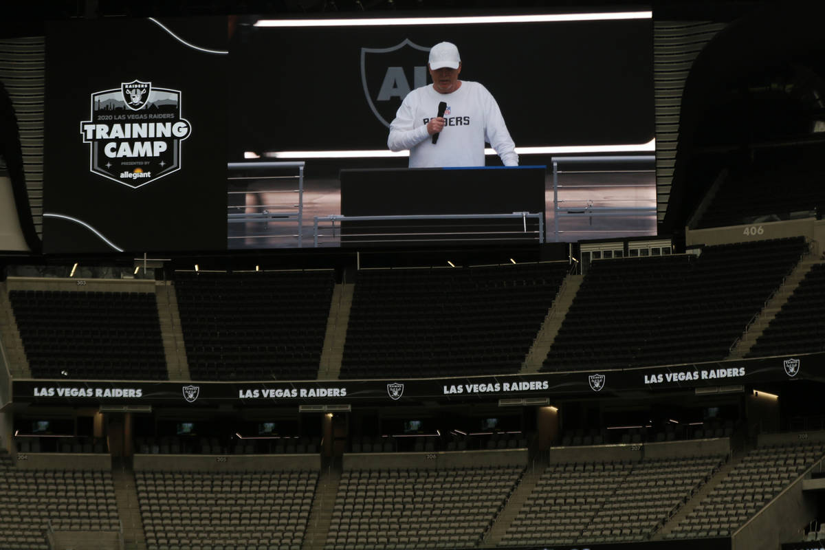 Las Vegas Raiders owner Mark Davis addresses the team before a team practice at Allegiant Stadi ...
