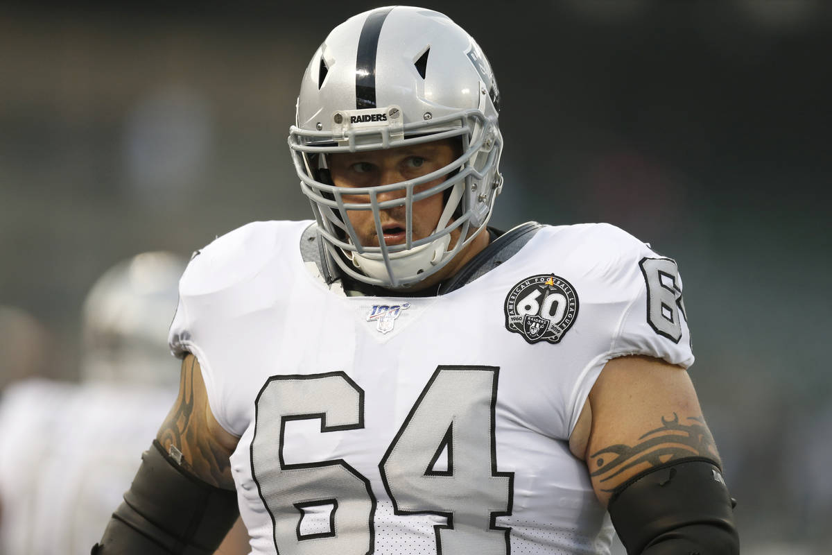 Oakland Raiders offensive guard Richie Incognito (64) warms up before an NFL football game agai ...