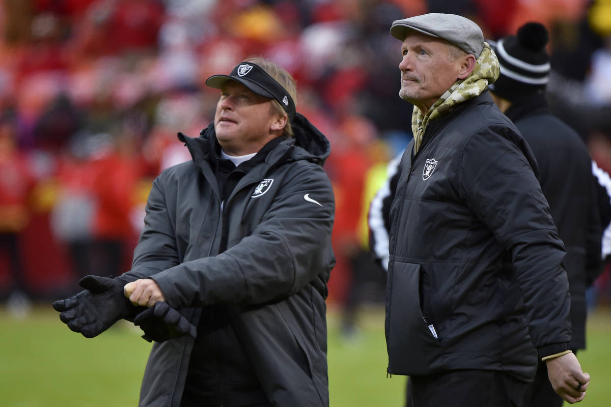 FILE - In this Dec. 1, 2019, file photo, Oakland Raiders general manager Mike Mayock stands wit ...