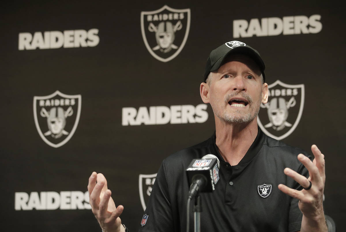 Oakland Raiders general manager Mike Mayock speaks during a news conference at the team's NFL f ...