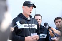 Oakland Raiders general manager Mike Mayock speaks to reporters about the signing of offensive ...