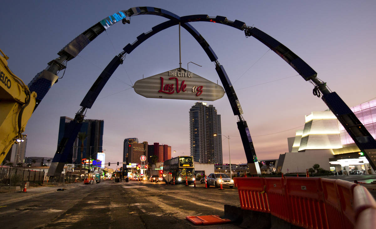A pair of $6.5 million-dollar arches tower 80 feet above Las Vegas Boulevard on Monday, Aug. 31 ...