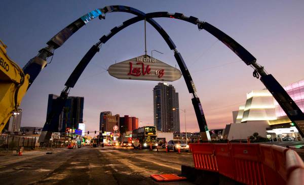 A pair of $6.5 million-dollar arches tower 80 feet above Las Vegas Boulevard on Monday, Aug. 31 ...