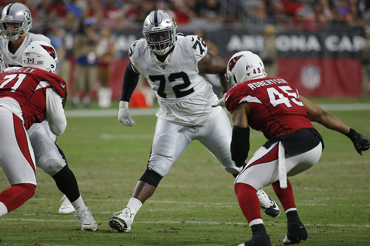 In this Aug. 15, 2019, file photo, Oakland Raiders offensive tackle David Sharpe (72) looks to ...