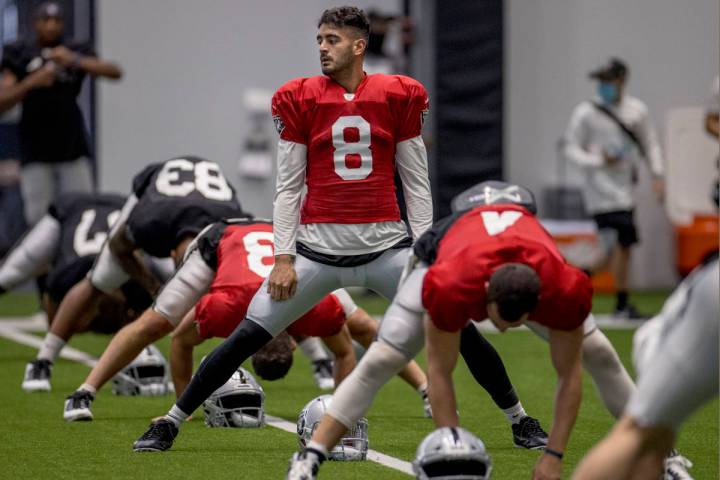 Las Vegas Raiders quarterback Marcus Mariota (8) stands up while stretching during warm ups at ...