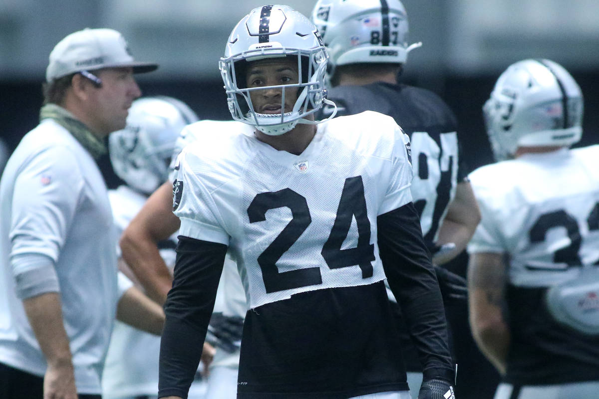 Las Vegas Raiders safety Johnathan Abram (24) waits to run a drill during a practice session at ...