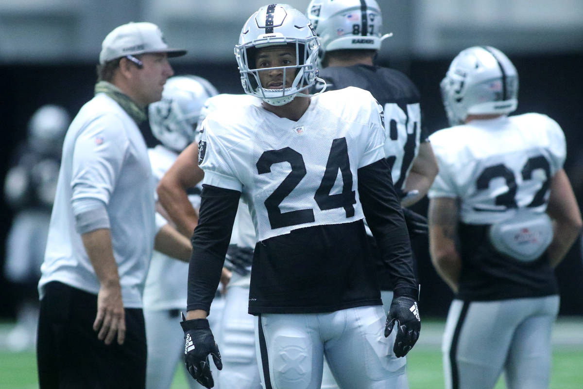 Las Vegas Raiders safety Johnathan Abram (24) waits to run a drill during a practice session at ...