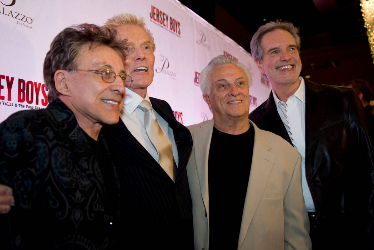 Four Seasons producer Bob Crewe, second from left, is flanked by original members of the singin ...