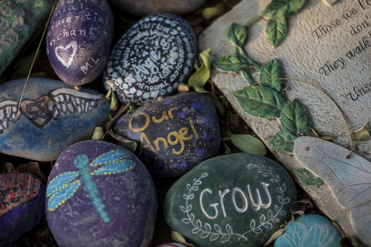Painted stones placed around memorials at the Healing Garden. (Elizabeth Page Brumley / Las Veg ...