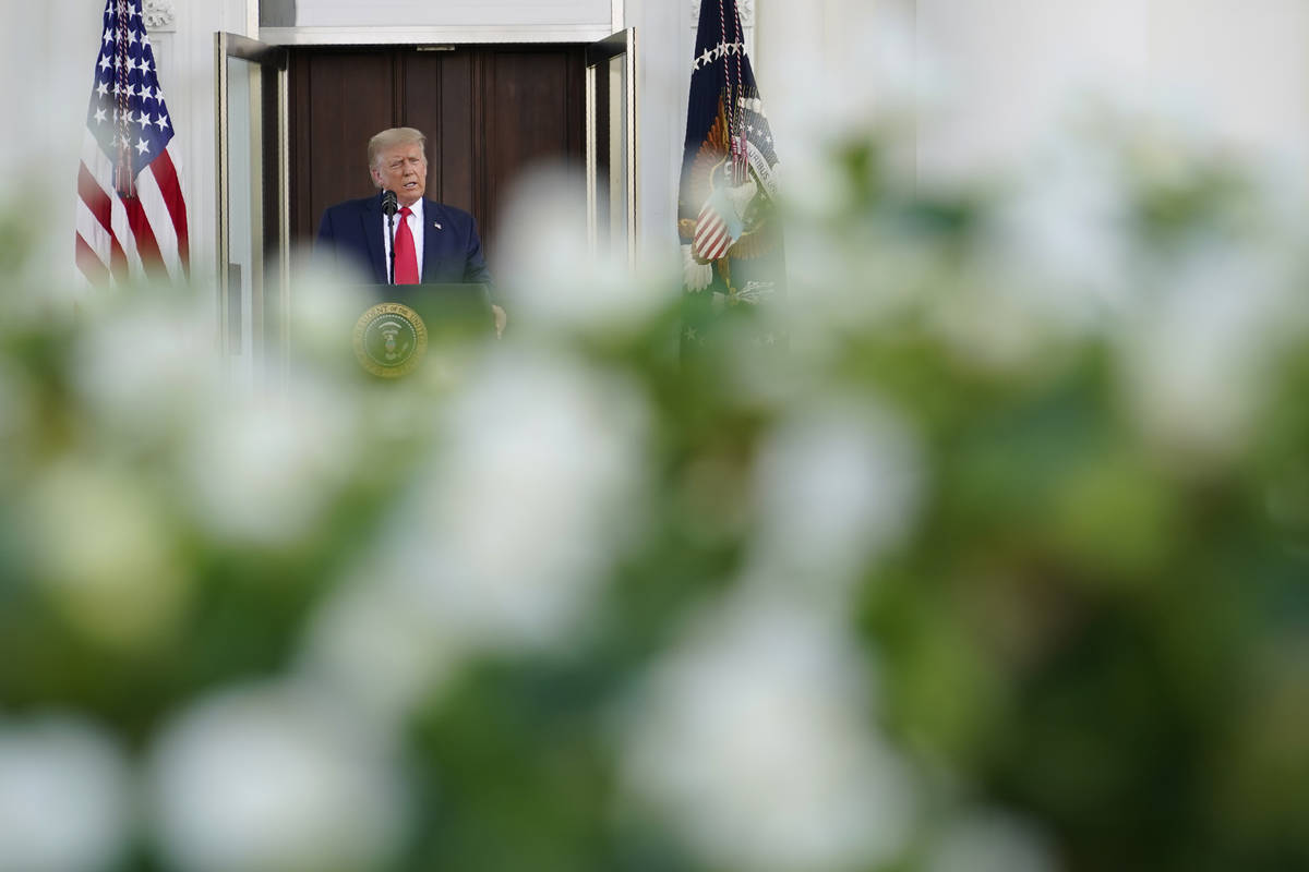 President Donald Trump speaks during a news conference on the North Portico of the White House, ...