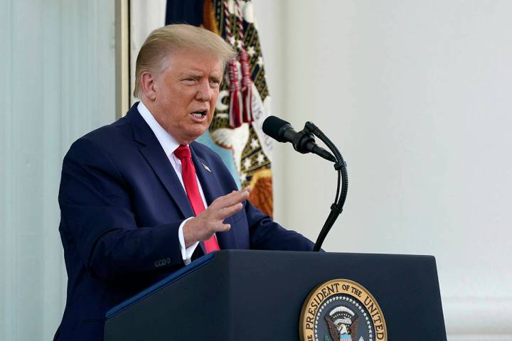 President Donald Trump speaks during a news conference on the North Portico of the White House, ...