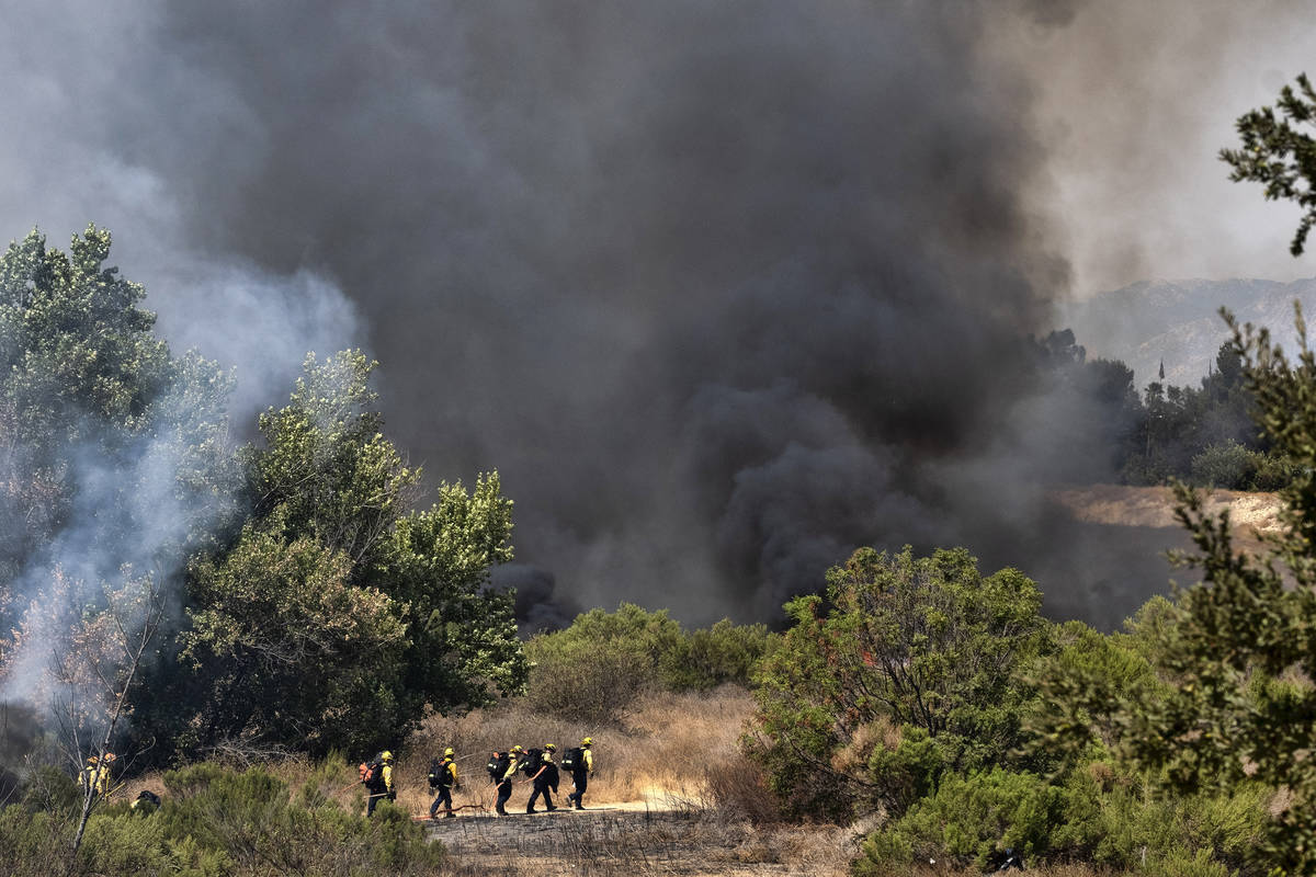 Los Angeles Fire Department firefighters hike into the Sepulveda Basin to fight a brush fire in ...