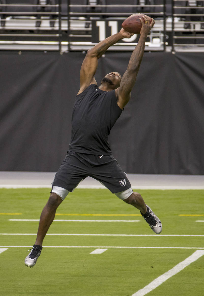 Las Vegas Raiders wide receiver Rico Gafford (10) extends for a catch during warm ups for a scr ...